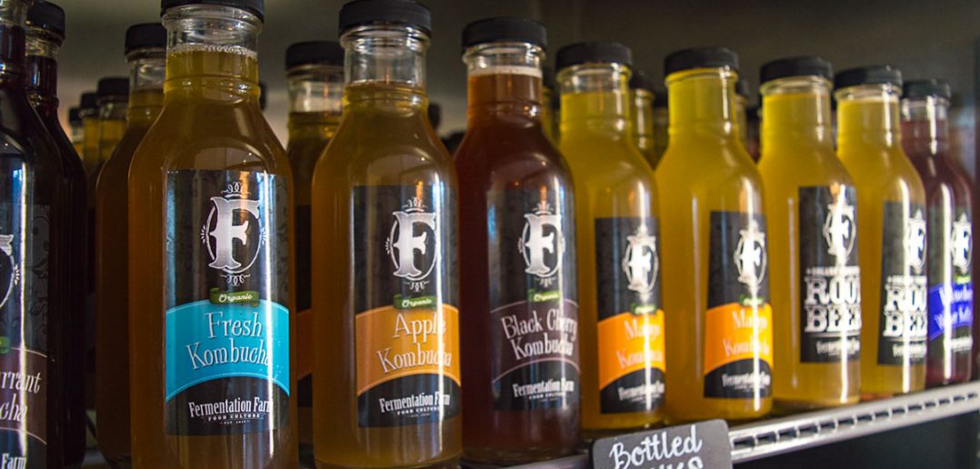 Looking into the kombucha fridge at Ferm Farm. (Grant Geipel)
